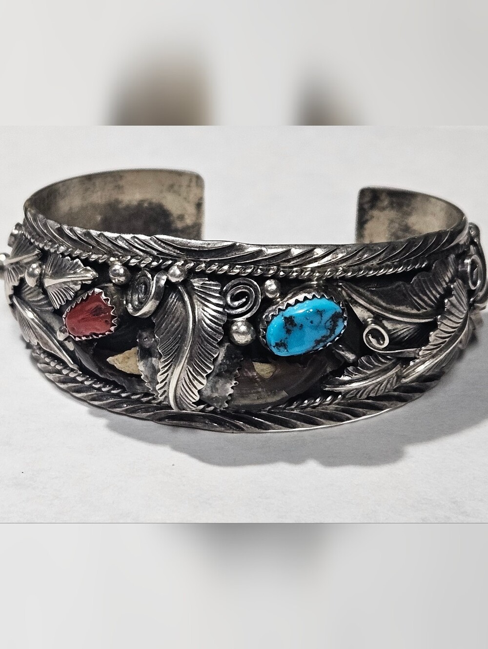 Vintage Handmade Sterling Silver Navajo Cuff Bracelet Turquoise Coral Stones - Picture 13 of 16